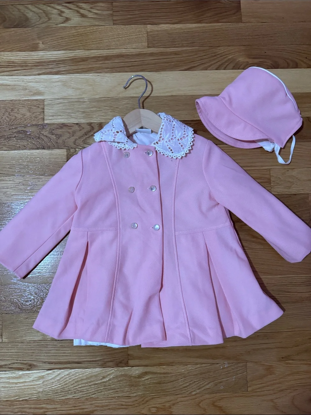 Vintage Girls' Pink Double-Breasted Coat with Lace Collar and Matching Hat